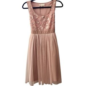 A’REVE Pink Sequin Appliqué Tulle Mini Skater Dress Holiday Party Feminine Sz S
